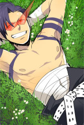 Rule 34 | &gt;:d, 00s, 1boy, 5-502, :d, armpits, arms behind head, bandages, belt, blue hair, covered navel, eyelashes, flower, grass, grin, kamina (ttgl), kamina shades, looking at viewer, lying, male focus, muscular, nipples, on back, open mouth, plant, red eyes, smile, solo, tattoo, tengen toppa gurren lagann, topless male, triangular eyewear, v-shaped eyebrows