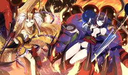 Rule 34 | 2girls, :q, absurdres, alcohol, black hair, black panties, blonde hair, blue eyes, breasts, cleavage, collarbone, cup, facial mark, fang, fang out, fate/grand order, fate (series), fingernails, hair ornament, highres, holding, holding weapon, horns, ibaraki douji (fate), japanese clothes, kimono, long hair, looking at viewer, multiple girls, obi, off shoulder, open clothes, open kimono, panties, purple kimono, sakazuki, sake, sash, sharp fingernails, sharp toenails, short hair, shuten douji (fate), small breasts, sword, toenails, tongue, tongue out, touzai, underwear, very long hair, weapon, yellow eyes