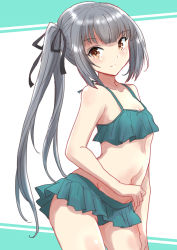 Rule 34 | 1girl, bikini, bikini skirt, breasts, brown eyes, commentary request, cowboy shot, fuji (pixiv24804665), green bikini, grey hair, highres, kantai collection, kasumi (kancolle), long hair, looking at viewer, official alternate costume, side ponytail, small breasts, smile, solo, standing, swimsuit