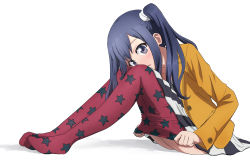 Rule 34 | 1girl, blue hair, clothes pull, dress, female focus, full body, highres, imai midori, jacket, looking at viewer, mafty, pantyhose, pantyhose pull, patterned legwear, red pantyhose, shirobako, side ponytail, simple background, sitting, solo, striped clothes, striped dress, white background, yellow jacket