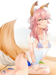 Rule 34 | 10s, 1girl, animal ears, bikini, blush, breasts, cleavage, fate/extra, fate/grand order, fate (series), fox ears, fox tail, highres, large breasts, looking at viewer, ninoude (ninoude44), pink hair, see-through, solo, swimsuit, tail, tamamo (fate), tamamo no mae (fate/extra), tamamo no mae (swimsuit lancer) (fate), tongue, tongue out, yellow eyes