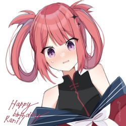 Rule 34 | 1girl, atelier live, blush, commentary, embarrassed, english commentary, hair rings, happy birthday, highres, jacket, kani kanizawa, moenaomii (artist), off shoulder, open mouth, purple eyes, red hair, red jacket, sketch, solo, sweat, upper body, virtual youtuber, white background