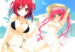 Rule 34 | 2girls, :d, absurdres, armpits, arms up, bikini, black bikini, breasts, brown eyes, cherry, cleavage, collarbone, drink, duplicate, food, fruit, green eyes, hat, highres, jewelry, large breasts, long hair, looking at viewer, makita maki, micro bikini, multiple girls, navel, necklace, open mouth, original, pink hair, red hair, scan, side-tie bikini bottom, sky, smile, straw hat, swimsuit, twintails, two side up, very long hair, white bikini