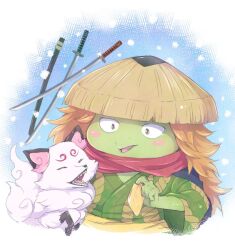 Rule 34 | 0aoiurn0, 1boy, animal, blush stickers, colored skin, commentary request, fox, green skin, hat, japanese clothes, katana, kawamatsu, kimono, long hair, looking at another, one piece, onimaru (one piece), orange hair, red scarf, sash, scarf, sharp teeth, smile, snow, sword, teeth, unsheathed, weapon, yellow sash