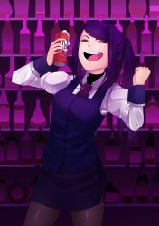 Rule 34 | 1girl, bartender, beer can, bottle, can, closed eyes, cowboy shot, drink can, duff beer, foam, highres, iwbitu, jill stingray, miniskirt, necktie, open mouth, pantyhose, ponytail, purple hair, skirt, solo, the simpsons, va-11 hall-a