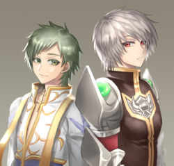 Rule 34 | 2boys, arch bishop (ragnarok online), armor, black shirt, blue coat, closed mouth, coat, commentary request, cropped jacket, cross, cross necklace, expressionless, green eyes, green hair, grey background, jacket, jewelry, long sleeves, looking at viewer, male focus, misuguu, multiple boys, necklace, official alternate costume, pauldrons, ragnarok online, red eyes, rune knight (ragnarok online), shirt, short hair, shoulder armor, simple background, smile, upper body, white hair, white jacket