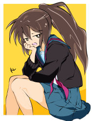 Rule 34 | 1girl, artist name, blue sailor collar, blue skirt, border, bright pupils, brown cardigan, brown hair, cardigan, commentary, genderswap, genderswap (mtf), hand on own cheek, hand on own face, highres, kita high school uniform, kl (kljp), kyonko, long hair, long sleeves, looking at viewer, open cardigan, open clothes, open mouth, ponytail, red ribbon, ribbon, sailor collar, school uniform, serafuku, simple background, sitting, skirt, solo, suzumiya haruhi no yuuutsu, thighs, watermark, white border, white pupils, winter uniform, yellow background
