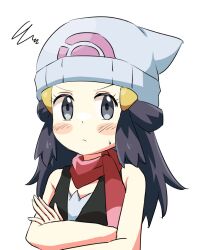 Rule 34 | 1girl, annoyed, black dress, black eyes, black hair, blush stickers, closed mouth, cocoa (p cocoa f), creatures (company), crossed arms, dawn (pokemon), dress, eyelashes, game freak, hair ornament, hairclip, hat, highres, long hair, looking at viewer, nintendo, pokemon, pokemon dppt, red scarf, scarf, sleeveless, sleeveless dress, solo, upper body
