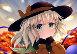 Rule 34 | 1girl, absurdres, autumn leaves, black hat, blurry, blurry background, blush, bow, buttons, closed mouth, cloud, depth of field, diamond button, eyeball, eyebrows hidden by hair, green eyes, green scarf, hat, hat bow, hat ribbon, heart, heart of string, highres, komeiji koishi, light green hair, light smile, looking at viewer, medium hair, outdoors, ribbon, scarf, sky, sleeves past fingers, sleeves past wrists, solo, sunset, sweater, third eye, touhou, tree, upper body, wavy hair, wrainman, yellow bow, yellow ribbon, yellow sweater