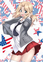 Rule 34 | 1girl, blonde hair, blouse, blue eyes, collared shirt, commentary, flag background, girls und panzer, grey jacket, hair intakes, highres, jacket, kay (girls und panzer), long hair, nakahira guy, necktie, open clothes, open jacket, pleated skirt, red skirt, saunders school uniform, school uniform, shirt, skirt, solo, thighhighs, untucked shirt, white shirt, white thighhighs