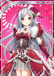 Rule 34 | 1girl, akkijin, armor, blonde hair, card, cowboy shot, dress, floral print, flower, grey hair, hair flower, hair ornament, holding, holding sword, holding weapon, knight, long hair, looking at viewer, red dress, red eyes, red flower, red rose, rose, rose print, shinkai no valkyrie, smile, solo, sparkle, sword, very long hair, weapon