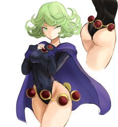 Rule 34 | 1girl, :/, absurdres, ass, bare legs, black leotard, breasts, cartoon network, closed mouth, cosplay, curvy, dc comics, green eyes, green hair, highleg, highleg leotard, highres, leotard, looking at viewer, medium breasts, multiple views, one-punch man, rakeemspoon, raven (dc), raven (dc) (cosplay), short hair, simple background, tatsumaki, teen titans, white background