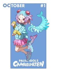 Rule 34 | 1girl, animal, anomalocaris, arthropod girl, blue background, blue footwear, blue hair, blue hoodie, child, fang, full body, gradient hair, hands up, highres, hood, hood down, hoodie, kamitoge supino, long sleeves, looking at viewer, multicolored hair, open mouth, original, personification, pink hair, pink skirt, pleated skirt, red eyes, shirt, shoes, short eyebrows, short hair, skin fang, skirt, sleeves past wrists, sneakers, solo, striped clothes, striped shirt, tail, two-tone hair, yellow shirt