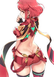Rule 34 | 1girl, ass, ass focus, breasts, butt crack, commentary request, haoni, large breasts, looking at viewer, looking back, pyra (xenoblade), short shorts, shorts, solo, translated, xenoblade chronicles (series), xenoblade chronicles 2
