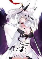 Rule 34 | 1girl, absurdres, arm up, azur lane, black choker, black feathers, black gloves, black wings, breasts, catnnn, center opening, choker, cleavage, crown, dress, feathered wings, feathers, fingerless gloves, framed breasts, gloves, highres, holding, holding sword, holding weapon, joffre (azur lane), large breasts, looking at viewer, one eye closed, red eyes, simple background, solo, sword, twintails, weapon, white background, white dress, wings