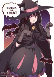 Rule 34 | 1girl, :d, animal ear fluff, animal ears, aoi suzu, bat (animal), bell, black cape, black dress, black hair, bow, braid, braided ponytail, cape, cat ears, dress, elbow gloves, fake animal ears, gloves, grey gloves, hair bow, halloween, halloween costume, hat, highres, inoue takina, looking at viewer, lycoris recoil, neck bell, official alternate costume, open mouth, paw pose, pink bow, purple bow, purple eyes, smile, solo, twitter username, witch, witch hat