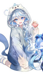 Rule 34 | 1girl, absurdres, blue eyes, blue hair, furina (genshin impact), genshin impact, highres, light blue hair, long hair, long sleeves, looking at viewer, open mouth, simple background, smile, socks, solo, striped clothes, striped socks, uli (bredkgod)