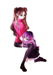 Rule 34 | 2girls, aged down, black legwear, brown hair, child, dress, fate/stay night, fate/zero, fate (series), green eyes, hair ribbon, long hair, long legs, matou sakura, multiple girls, purple eyes, purple hair, ribbon, siblings, simple background, sisters, thighhighs, tima, time paradox, tohsaka rin, turtleneck, twintails, two side up