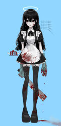 Rule 34 | 0mdjn0, 1girl, absurdres, apron, black eyes, black hair, blood, blood drip, blood on clothes, blood on face, blood on mouth, bloody weapon, blue background, bow, bowtie, collared dress, commentary, dress, garter straps, gloves, halo, highres, holding, holding weapon, long hair, looking to the side, machete, maid, original, solo, symbol-only commentary, thighhighs, translation request, very long hair, weapon, weapon request