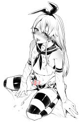 Rule 34 | 10s, 1boy, :p, bad id, bad pixiv id, bare shoulders, blonde hair, blush, bow, censored, collarbone, cosplay, cum, elbow gloves, gloves, greyscale, hair bow, half-closed eyes, heart, heart censor, highres, kantai collection, long hair, male focus, monochrome, navel, penis, piercing, shimakaze (kancolle) (cosplay), shimakaze (kancolle), simple background, solo, thighhighs, tongue, tongue out, tongue piercing, trap, yzh chan, zettai ryouiki