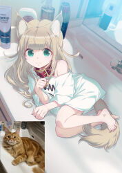 Rule 34 | 1girl, 40hara, :3, animal collar, animal ear fluff, animal ears, aqua eyes, barefoot, blunt bangs, cat, cat ears, cat tail, closed mouth, collar, commentary request, eyelashes, faucet, feet, full body, hand up, highres, indoors, kinako (40hara), legs together, light brown hair, long hair, looking at viewer, lying, mirror, off shoulder, on side, original, oversized clothes, oversized shirt, photo-referenced, photo inset, shirt, sidelocks, sink, solo, t-shirt, tail, toenails, toes, white shirt
