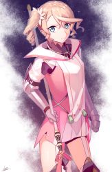 Rule 34 | 1girl, alisha diphda, blonde hair, blue eyes, closed mouth, cowboy shot, dress, garter straps, gauntlets, hair between eyes, hair ornament, highres, holding, holding polearm, holding spear, holding weapon, looking at viewer, neck ribbon, pink dress, polearm, ribbon, short dress, short hair, side ponytail, signature, solo, spear, standing, tales of (series), tales of zestiria, ubo (ubo tales), weapon