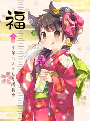 Rule 34 | 1girl, :q, arrow (symbol), black hair, bottle, bow, brown eyes, chinese zodiac, closed mouth, commentary request, egasumi, eyebrows hidden by hair, floral print, hair bow, hair horns, highres, holding, holding bottle, japanese clothes, kimono, kuga tsukasa, long sleeves, looking at viewer, milk, milk bottle, milk mustache, obi, original, print kimono, red bow, red kimono, sash, sleeves past wrists, smile, solo, tongue, tongue out, translation request, wide sleeves, year of the ox