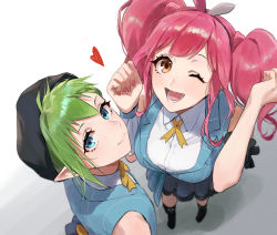 Rule 34 | 2girls, absurdres, beret, black footwear, black headwear, blue eyes, blue skirt, breasts, clenched hand, collared shirt, flat chest, from above, green hair, hair ribbon, hat, heart, highres, large breasts, looking at viewer, looking up, macross, macross delta, makina nakajima, multiple girls, open mouth, pink hair, pointy ears, pote-mm, reina prowler, ribbon, shirt, short hair, skirt, smile, twintails, white background, white shirt, yellow neckwear