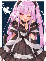 Rule 34 | 1girl, ;d, bare shoulders, black bow, black dress, black ribbon, blush, bow, chain, commentary request, dress, fang, hair ribbon, hand up, highres, hololive, index finger raised, long hair, mi taro333, off-shoulder dress, off shoulder, one eye closed, open mouth, pink hair, red eyes, ribbon, skull, smile, solo, translation request, two side up, uruha rushia, uruha rushia (3rd costume), very long hair, virtual youtuber, wrist cuffs