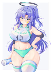 Rule 34 | 1girl, absurdres, black bra, black panties, blue archive, blue eyes, blush, bra, bra visible through clothes, breasts, buruma, can, commentary request, curvy, drink can, green buruma, grey background, halo, halter shirt, halterneck, hand on own hip, highres, holding, holding can, large breasts, long hair, looking at viewer, mechanical halo, navel, panties, panties under buruma, purple hair, shirt, sidelocks, simple background, solo, sportswear, standing, star sticker, sticker on face, thick thighs, thighhighs, thighs, tong shui, two side up, underwear, volleyball uniform, white shirt, white thighhighs, wide hips, yuuka (blue archive)