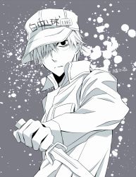 Rule 34 | 10s, 1boy, black eyes, closed mouth, clothes writing, collared jacket, colored skin, commentary request, flat cap, grey background, hair over one eye, hat, hataraku saibou, holding, holding knife, jacket, knife, long sleeves, looking at viewer, male focus, solo, translation request, tsukimori usako, u-1146, uniform, white blood cell (hataraku saibou), white hat, white jacket, white skin