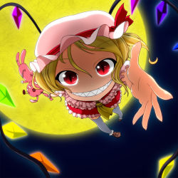 Rule 34 | 1girl, amau (kosmos), ascot, blonde hair, bow, female focus, flandre scarlet, foreshortening, full body, glowing, glowing eyes, grin, hat, hat bow, looking at viewer, moon, outdoors, outstretched arm, red eyes, sharp teeth, short hair, side ponytail, sky, smile, solo, stuffed animal, stuffed toy, teeth, embodiment of scarlet devil, touhou, wings