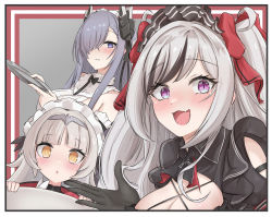 Rule 34 | august von parseval (azur lane), august von parseval (the conquered unhulde) (azur lane), azur lane, black dress, black gloves, black horns, blue hair, blunt bangs, bow, bowtie, breasts, brown eyes, cleavage, cleavage cutout, clothing cutout, curled horns, dress, elbe (azur lane), elbe (time to show off?) (azur lane), fang, gloves, grey hair, hair over one eye, headpiece, highres, holding, holding tray, horns, layered dress, maid, maid headdress, mole, mole under eye, multicolored hair, official alternate costume, pink hair, purple eyes, shirt, skin fang, sleeveless, sleeveless shirt, slit pupils, tray, uniazi mikan, z46 (azur lane), z46 (chronicles of the dust wars) (azur lane)