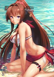 Rule 34 | 1girl, arm support, artist name, beach, between legs, bikini, blush, breasts, brown hair, closed mouth, day, hair intakes, hand between legs, headgear, kantai collection, kneeling, large breasts, long hair, looking at viewer, navel, outdoors, partially submerged, petals, ponytail, purple eyes, sakiyamama, sarong, side-tie bikini bottom, smile, solo, swimsuit, thigh strap, very long hair, water, white bikini, yamato (kancolle)