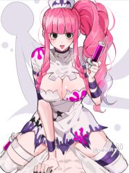 Rule 34 | 1girl, alternate costume, black eyes, breasts, cleavage, cleavage cutout, clothing cutout, eyelashes, ghost, holding, holding syringe, joman, large breasts, one piece, perona, pink hair, side ponytail, straddling, syringe, twitter username, white headwear