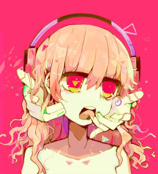 Rule 34 | 1girl, blunt bangs, collarbone, glass shards, hair between eyes, headphones, looking to the side, open mouth, original, pink background, pink hair, red eyes, solo, terada tera, tongue, tongue out