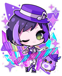 Rule 34 | 1girl, ;), bird, black hair, blush, chibi, closed mouth, commentary request, crystal, full body, green eyes, hat, highres, ice skates, instrument, jacket, kohinata kanoo, looking at viewer, multicolored hair, music, musical note, one eye closed, pants, piano, playing instrument, pretty rhythm, pretty rhythm rainbow live, pretty series, purple footwear, purple hair, purple hat, shirt, short hair, skates, smile, solo, sparkle, standing, suzuno ito, two-tone hair, white pants