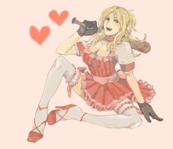 Rule 34 | 1girl, bad girl, bad id, bad pixiv id, baseball bat, blonde hair, blood, blush, breasts, cleavage, dress, frills, full body, gloves, grasshopper manufacture, heart, high heels, medium breasts, no more heroes, shoes, simple background, skirt, solo, thighhighs, weapon, yuji (fmfm)