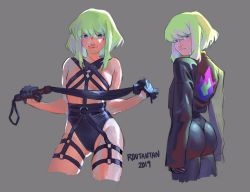 Rule 34 | 1boy, ass, dominatrix, formal, gloves, green hair, highres, jacket, latex, lio fotia, looking back, promare, purple eyes, routantan, smile, suit, tight clothes, twitter, whip