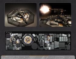 Rule 34 | 3d, artist name, auxilirae, cannon, character sheet, collaboration, commentary, concept art, eve online, fire, firing, from side, machinery, multiple views, muzzle flash, no humans, original, realistic, science fiction, terry maranda, turret, wesley knee