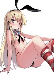 Rule 34 | 1girl, absurdres, black neckerchief, black panties, blonde hair, blue sailor collar, blush, breasts, hair between eyes, hairband, haru (renol), heart pasties, highleg, highleg panties, highres, kantai collection, long hair, neckerchief, panties, pasties, sailor collar, shimakaze (kancolle), sidelocks, simple background, sitting, small breasts, solo, striped clothes, striped thighhighs, thighhighs, underwear, white background