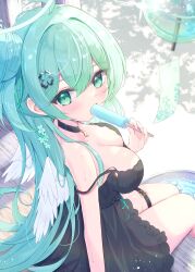 Rule 34 | 1girl, ahoge, angel, angel wings, aqua hair, arm at side, bare arms, bare shoulders, black choker, black dress, breasts, choker, cleavage, clover hair ornament, dappled sunlight, day, dress, eating, feet out of frame, flower, food, food in mouth, from above, from side, green eyes, hair between eyes, hair flower, hair ornament, halo, hand up, highres, holding, holding food, holding popsicle, jewelry, large breasts, legs together, light blush, long hair, looking at viewer, mikaze oto, original, popsicle, popsicle in mouth, see-through, see-through dress, short dress, side bun, sitting, solo, strap slip, summer, sundress, sunlight, sweat, thigh strap, turning head, very long hair, wind chime, wings