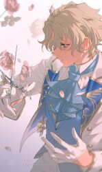 Rule 34 | 1boy, buttons, collared shirt, crying, ensemble stars!, flower, frilled necktie, frills, gloves, green hair, highres, holding, holding scissors, lapels, leaf, long sleeves, male focus, pants, parted lips, pink flower, purple eyes, rrr (reason), scissors, shirt, short hair, solo, streaming tears, tears, tomoe hiyori, twitter username, watermark, white gloves, white pants