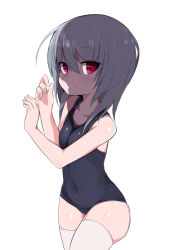 Rule 34 | 1girl, against wall, arms up, breasts, covered navel, grey hair, highres, invisible wall, long hair, morino donguri, one-piece swimsuit, original, red eyes, school swimsuit, shaded face, simple background, small breasts, solo, swimsuit, thighhighs, thighs, white background, white thighhighs