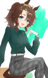 Rule 34 | 1girl, animal ears, arm behind back, belt, blue background, blue eyes, bow, bowtie, bracelet, brown hair, casual, commentary request, crossed legs, green bow, green bowtie, green shirt, high-waist pants, highres, horse ears, horse girl, horse tail, jewelry, long hair, long sleeves, looking at viewer, mejiro palmer (umamusume), multicolored hair, official alternate costume, open hand, open mouth, pants, parted lips, plaid, plaid pants, ponytail, shirt, smile, solo, streaked hair, tail, tuksi0302, two-tone background, umamusume, v, white background, white belt, white hair
