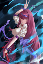 Rule 34 | 1girl, absurdres, alternate costume, bad id, bad pixiv id, blbc2, breasts, fate/grand order, fate (series), gae bolg (fate), hair between eyes, highres, holding, holding weapon, lance, large breasts, long hair, looking at viewer, polearm, purple hair, red eyes, scathach (fate), scathach (fate), smile, solo, v, very long hair, weapon