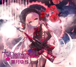 Rule 34 | 1girl, album cover, album name, black skirt, black thighhighs, bow, commentary request, cover, dress bow, elbow gloves, falling petals, flower, gloves, green eyes, grey hair, gun, hat, hat flower, holding, holding gun, holding weapon, long hair, original, petals, red bow, red flower, red rose, rifle, rose, scope, single glove, skirt, solo, stitched, thighhighs, third-party edit, tochigi kirihito, very long hair, weapon