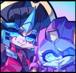 Rule 34 | 2girls, autobot, blue eyes, chibi, close-up, commission, light smile, lilinapocalypse, looking to the side, multiple girls, nautica (transformers), no humans, one eye closed, tongue, tongue out, transformers, visor, windblade