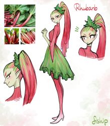 Rule 34 | 1girl, absurdres, blush, breasts, closed mouth, colored skin, full body, green hair, green skin, high heels, highres, long hair, matilda fiship, medium breasts, monster girl, multicolored hair, multiple views, original, photo-referenced, plant girl, ponytail, red eyes, red hair, rhubarb, skirt, smile, standing