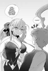 Rule 34 | 1boy, 1girl, ahoge, black bow, black dress, blue choker, blue eyes, bow, braid, breasts, center opening, choker, cleavage, clothing cutout, commentary, dress, emiya shirou, english commentary, expressionless, fate/grand order, fate/stay night, fate (series), grey hair, hair bow, half up braid, highres, holding, large breasts, long hair, long sleeves, morgan le fay (fate), navel, orange hair, ponytail, raglan sleeves, red hair, shokobr, short hair, sidelocks, speech bubble, stomach cutout, thighs, two-tone dress, very long hair, yellow eyes